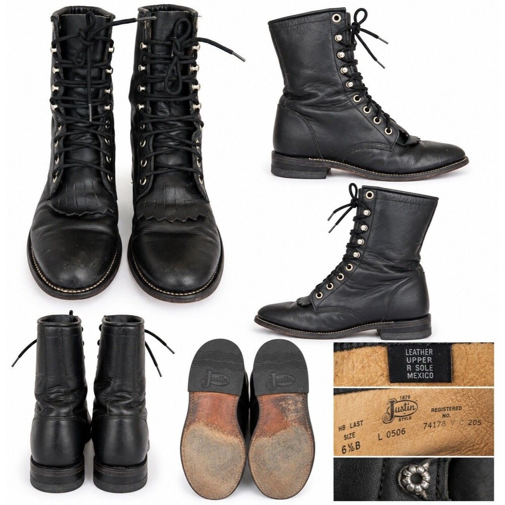 Vintage Justin L 506 Boots 6.5 B Black Leather Kiltie Lace Up Western Roper